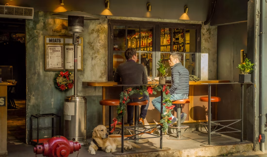 Doi oameni la o masă de local alături de doi câini