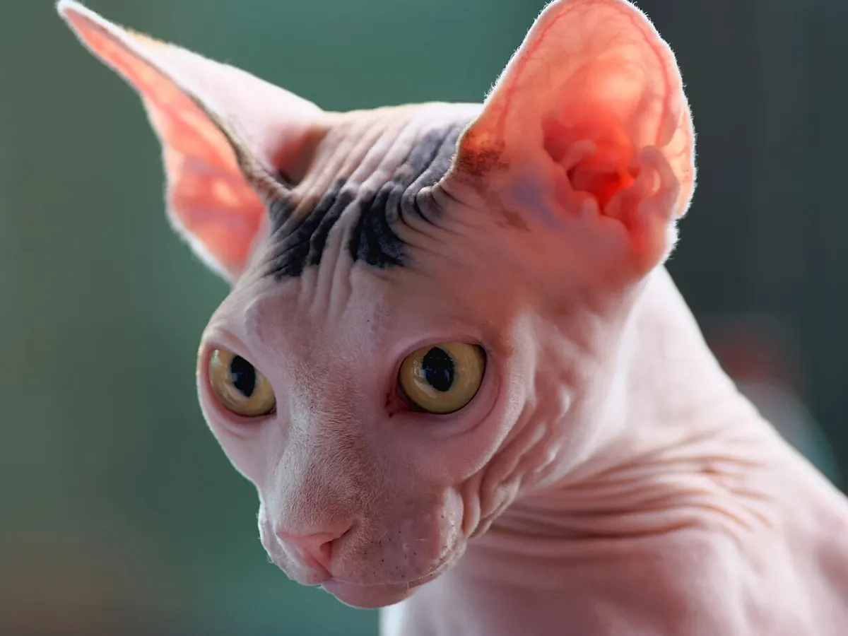 Sphynx adult, fără blană, cu urechi mari, ochi aurii și pielea încrețită, privind spre cameră